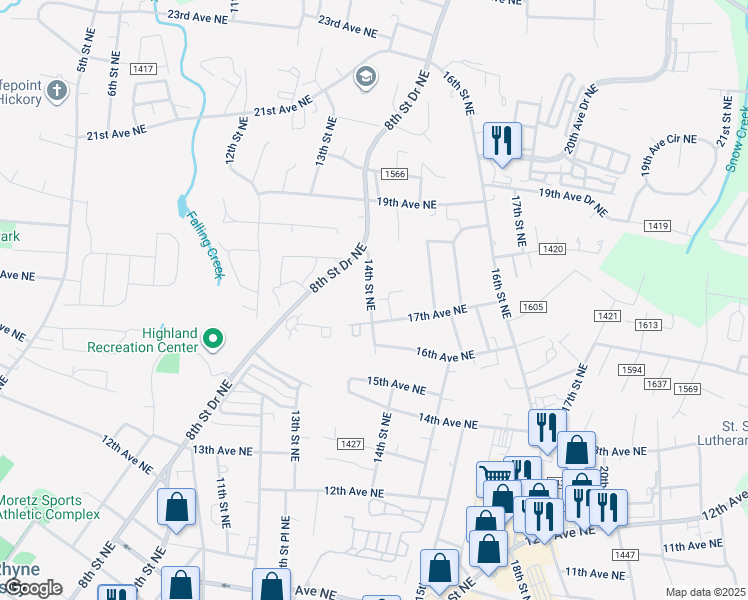 map of restaurants, bars, coffee shops, grocery stores, and more near 1738 14th Street Lane Northeast in Hickory