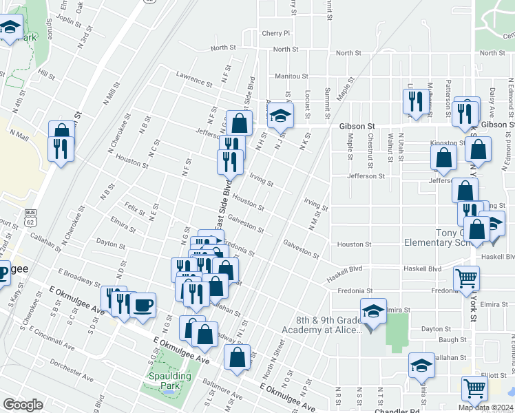 map of restaurants, bars, coffee shops, grocery stores, and more near 1015 Houston Street in Muskogee