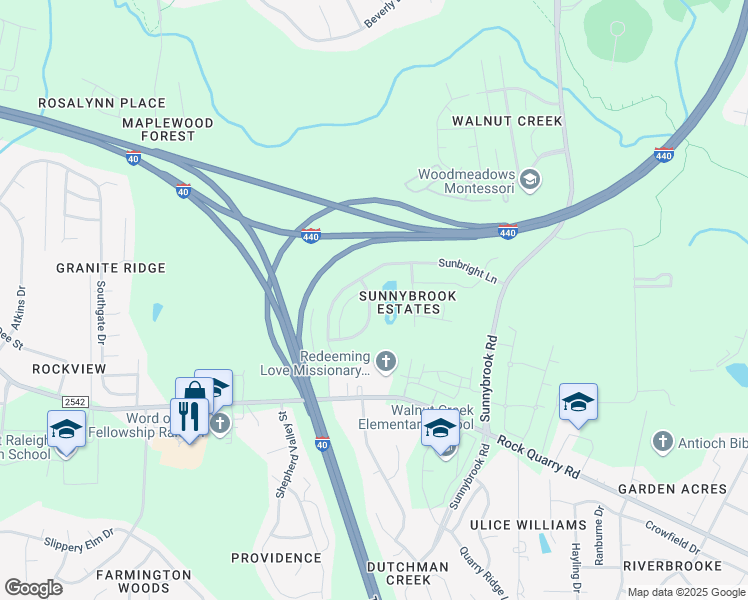 map of restaurants, bars, coffee shops, grocery stores, and more near 2127 Sunny Cove Drive in Raleigh