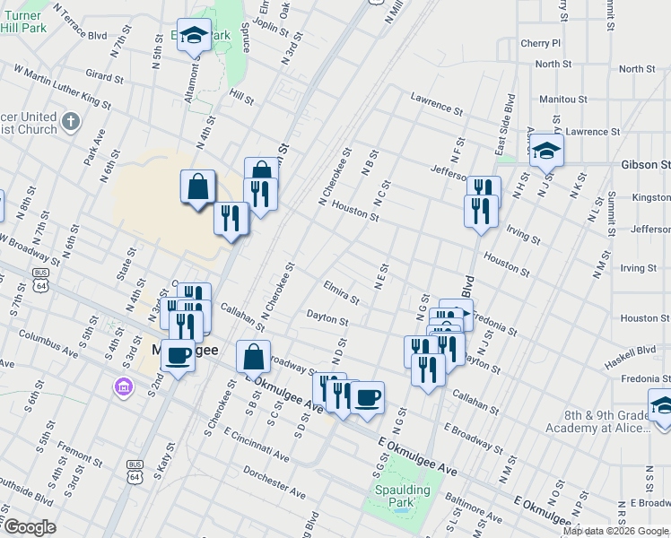 map of restaurants, bars, coffee shops, grocery stores, and more near 318 Felix St in Muskogee