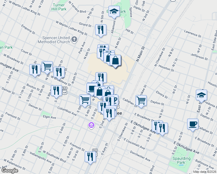 map of restaurants, bars, coffee shops, grocery stores, and more near 354 North 3rd Street in Muskogee