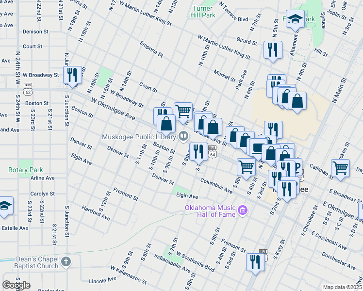 map of restaurants, bars, coffee shops, grocery stores, and more near 801 West Okmulgee Avenue in Muskogee