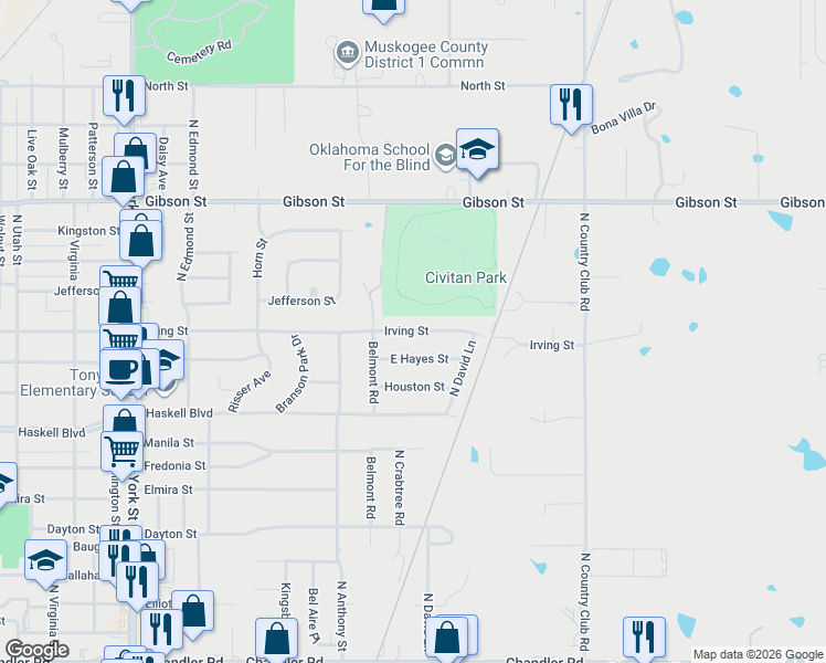 map of restaurants, bars, coffee shops, grocery stores, and more near 2809 Irving Street in Muskogee