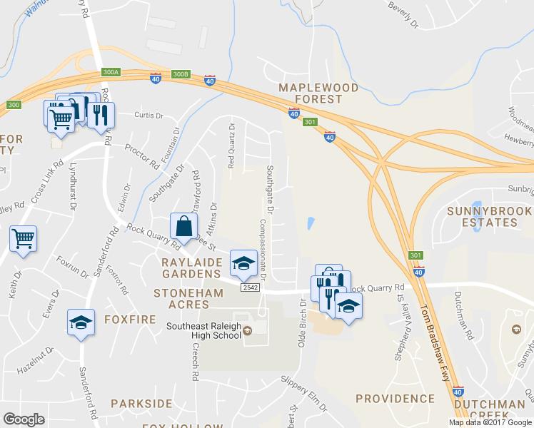 map of restaurants, bars, coffee shops, grocery stores, and more near 933 Southgate Drive in Raleigh