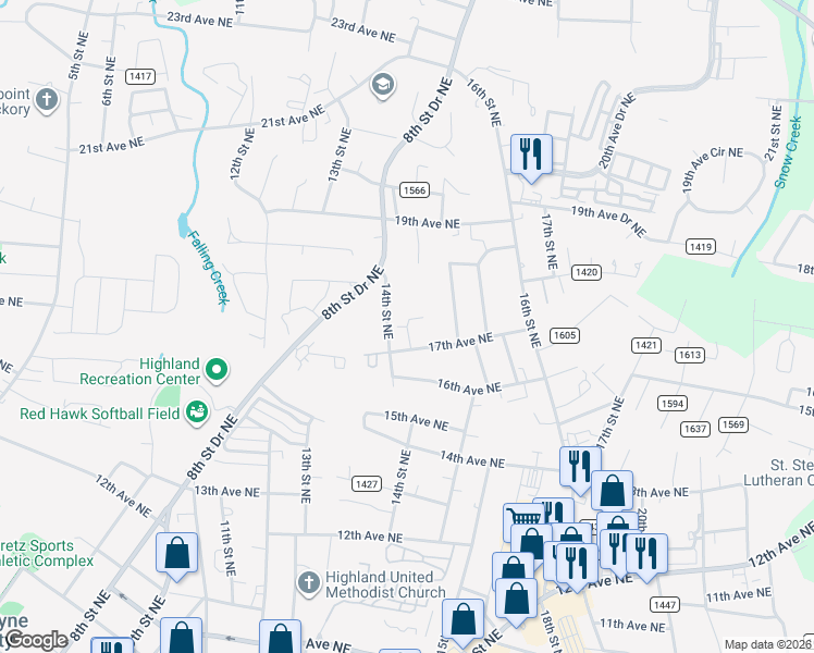 map of restaurants, bars, coffee shops, grocery stores, and more near 1738 14th Street Lane Northeast in Hickory