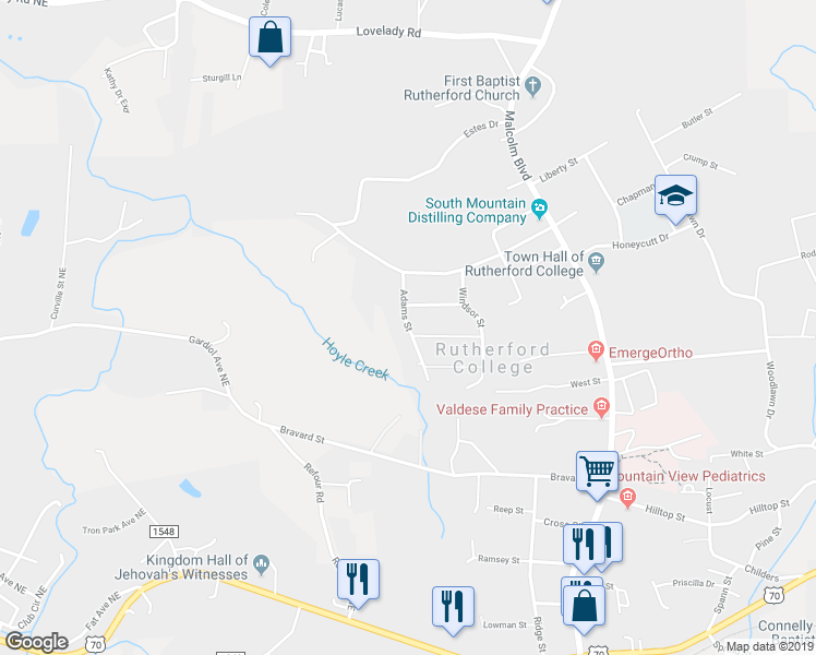 map of restaurants, bars, coffee shops, grocery stores, and more near 110 Adams Street in Connelly Springs