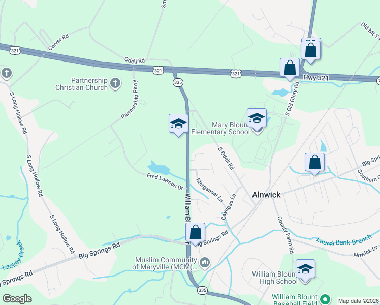 map of restaurants, bars, coffee shops, grocery stores, and more near 2365 Governors Court in Maryville