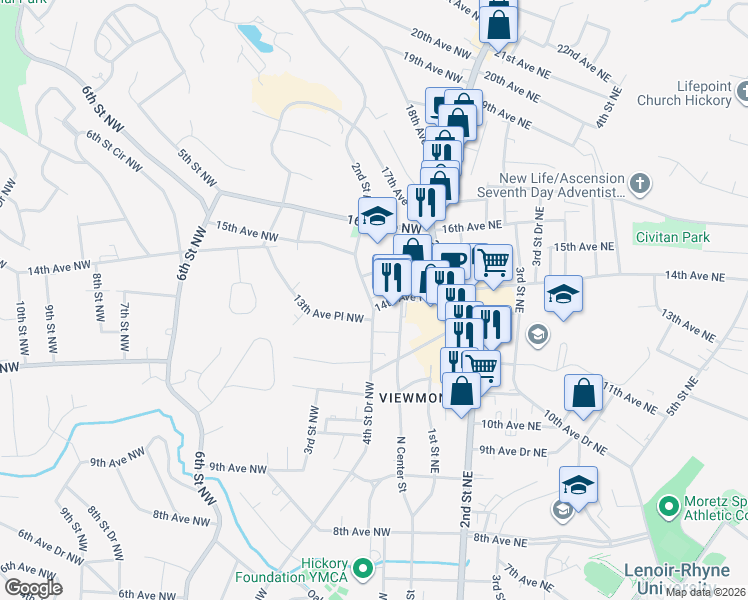map of restaurants, bars, coffee shops, grocery stores, and more near 1410 4th Street Drive Northwest in Hickory