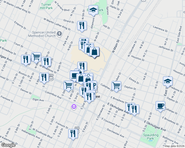 map of restaurants, bars, coffee shops, grocery stores, and more near 354-398 North 3rd Street in Muskogee