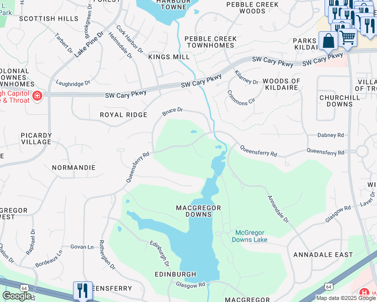 map of restaurants, bars, coffee shops, grocery stores, and more near 501 Queensferry Road in Cary