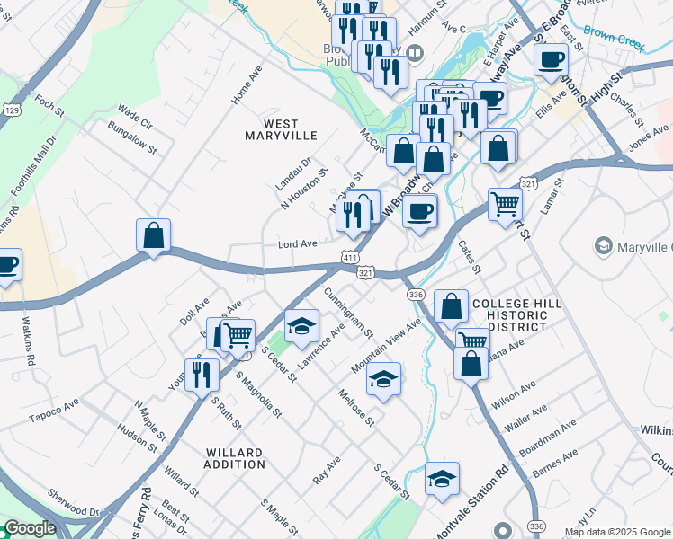 map of restaurants, bars, coffee shops, grocery stores, and more near 504 West Broadway Avenue in Maryville