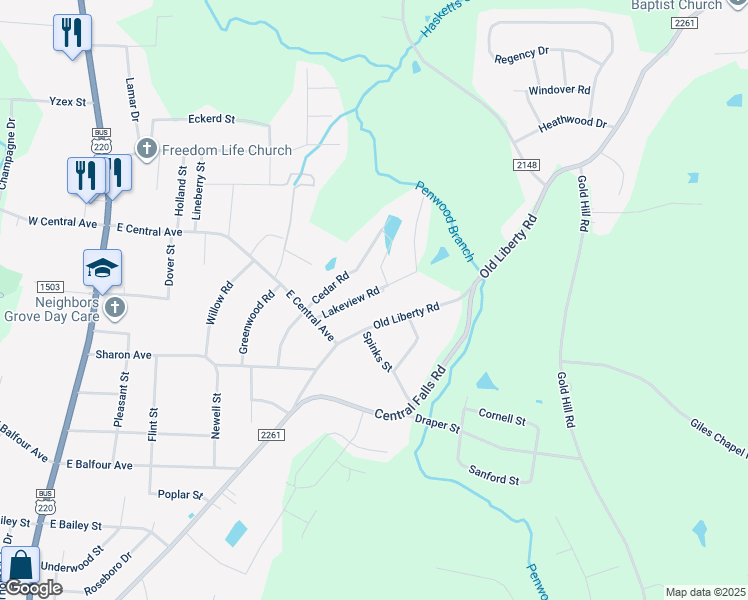 map of restaurants, bars, coffee shops, grocery stores, and more near 1962 Lakeview Road in Asheboro