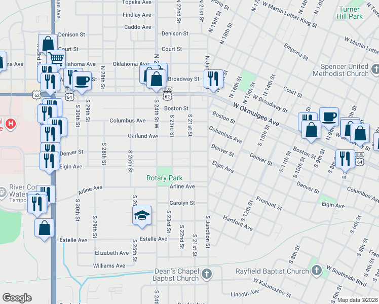 map of restaurants, bars, coffee shops, grocery stores, and more near 2101 Denver Street in Muskogee