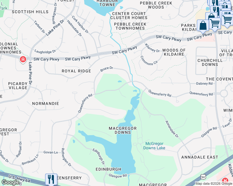 map of restaurants, bars, coffee shops, grocery stores, and more near 501 Queensferry Road in Cary