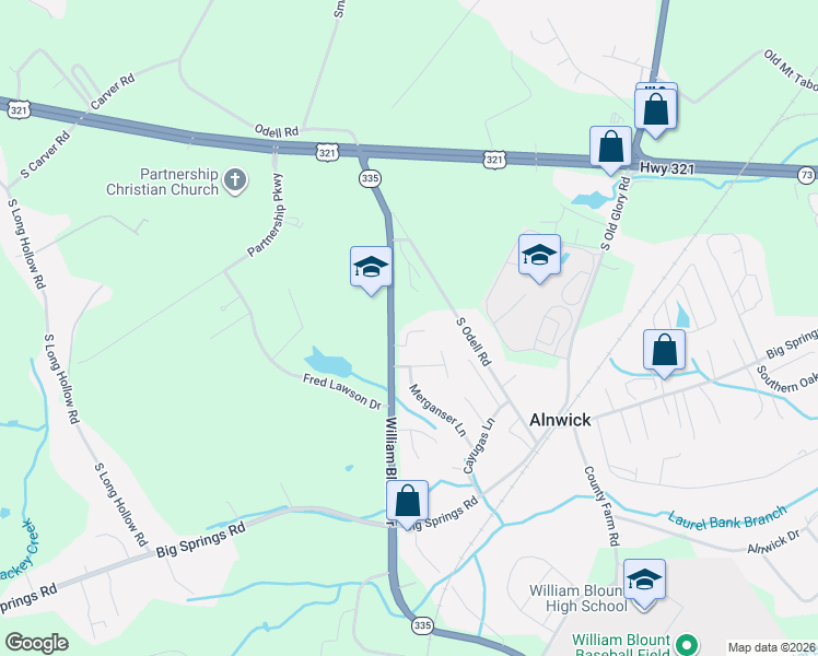 map of restaurants, bars, coffee shops, grocery stores, and more near 2365 Governors Court in Maryville