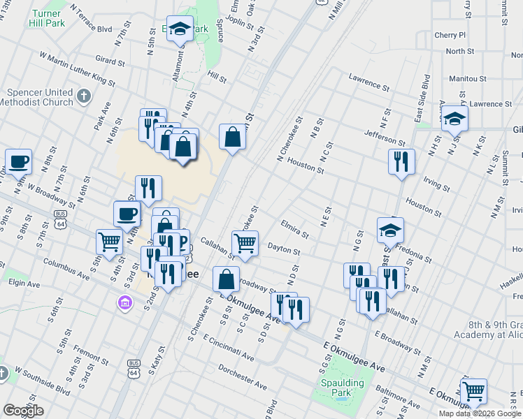 map of restaurants, bars, coffee shops, grocery stores, and more near 500 North Cherokee Street in Muskogee