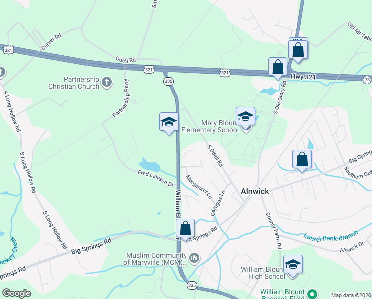 map of restaurants, bars, coffee shops, grocery stores, and more near 2365 Governors Court in Maryville