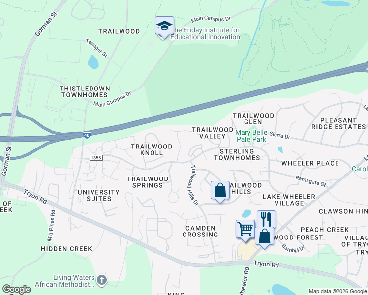 map of restaurants, bars, coffee shops, grocery stores, and more near 2836 Crestscene Trail in Raleigh