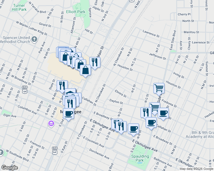 map of restaurants, bars, coffee shops, grocery stores, and more near 500 North Cherokee Street in Muskogee