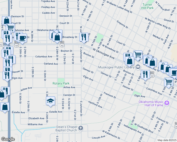 map of restaurants, bars, coffee shops, grocery stores, and more near 406 South 15th Street in Muskogee