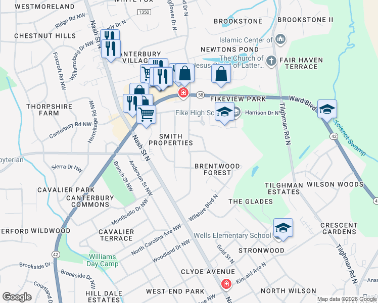 map of restaurants, bars, coffee shops, grocery stores, and more near 1799 Wilshire Blvd N in Wilson