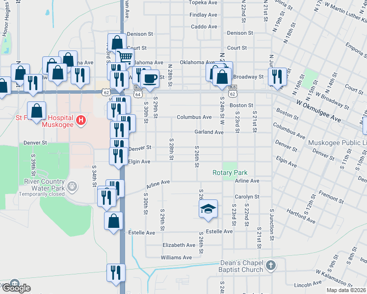 map of restaurants, bars, coffee shops, grocery stores, and more near 2623 Denver Street in Muskogee
