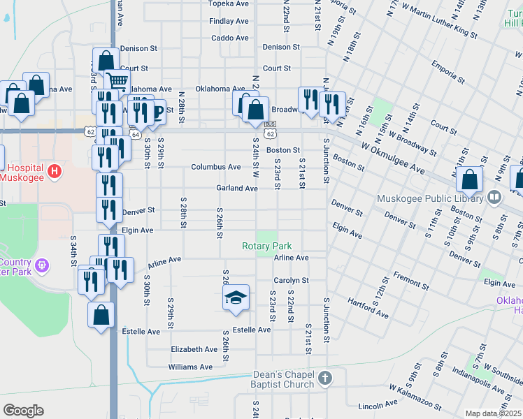 map of restaurants, bars, coffee shops, grocery stores, and more near 2321 Denver Street in Muskogee