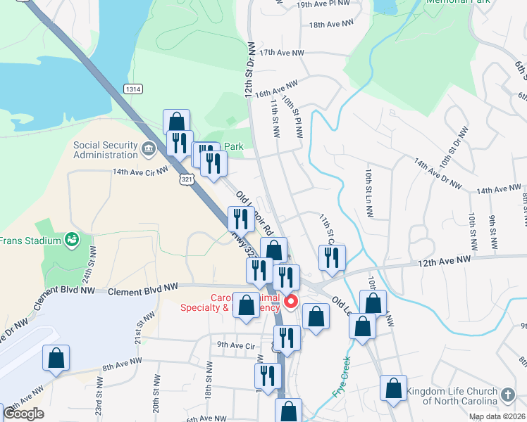 map of restaurants, bars, coffee shops, grocery stores, and more near 1326 Old Lenoir Road in Hickory