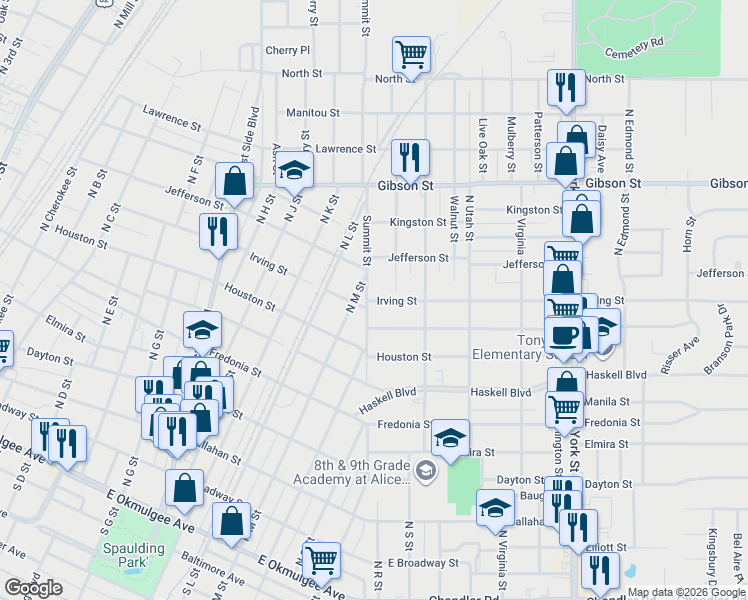 map of restaurants, bars, coffee shops, grocery stores, and more near 1502 Irving Street in Muskogee