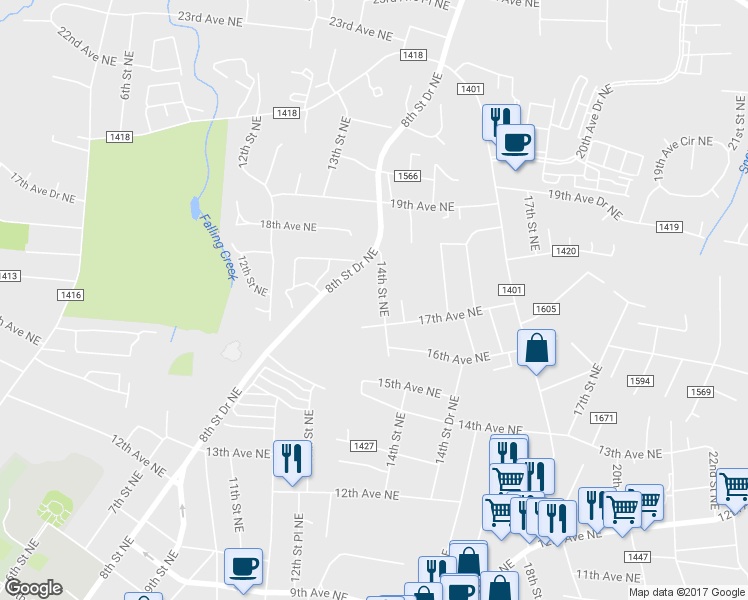 map of restaurants, bars, coffee shops, grocery stores, and more near 1735 14th Street Northeast in Hickory