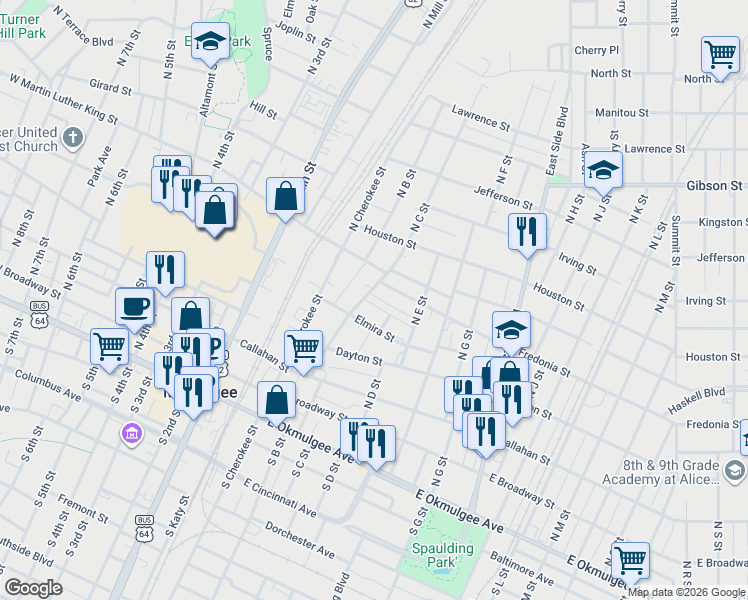 map of restaurants, bars, coffee shops, grocery stores, and more near 318 Felix Street in Muskogee