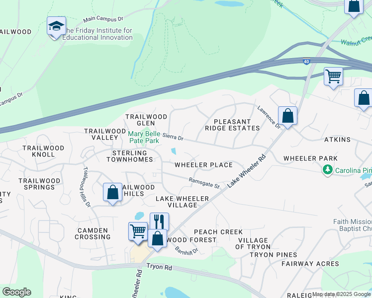 map of restaurants, bars, coffee shops, grocery stores, and more near 3112 Henslowe Drive in Raleigh
