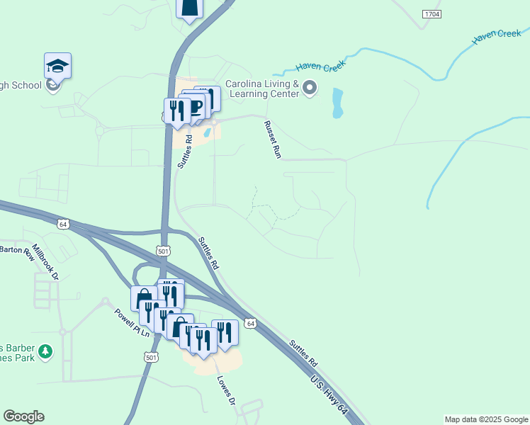 map of restaurants, bars, coffee shops, grocery stores, and more near 58 Merriville Road in Pittsboro