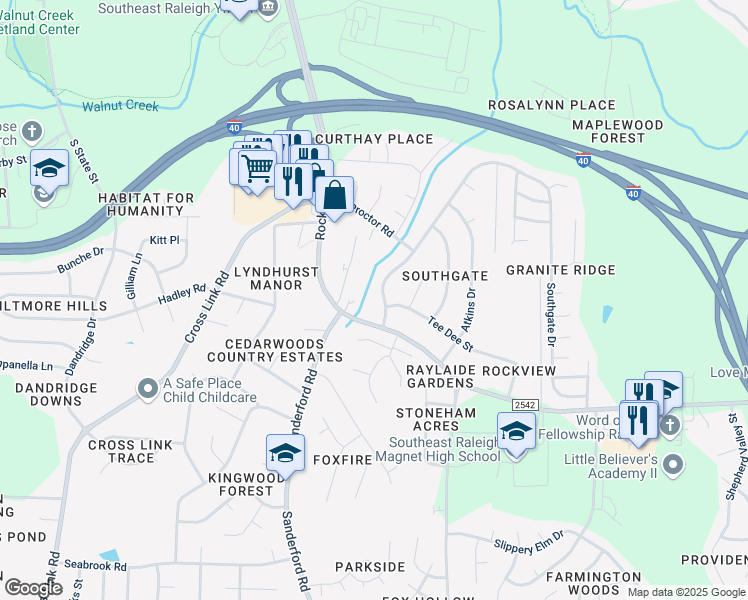 map of restaurants, bars, coffee shops, grocery stores, and more near 2020 Southgate Drive in Raleigh