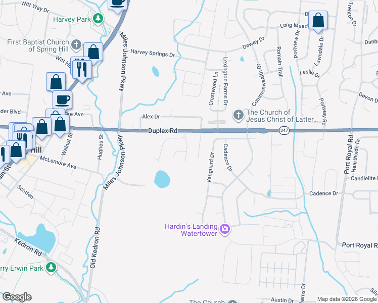 map of restaurants, bars, coffee shops, grocery stores, and more near 1613 Harrison Way in Spring Hill