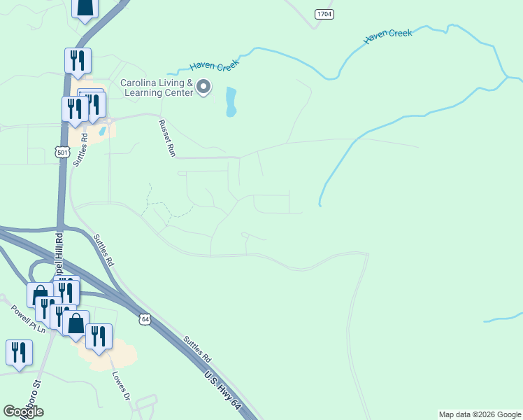 map of restaurants, bars, coffee shops, grocery stores, and more near 60 Tantara Bend in Pittsboro