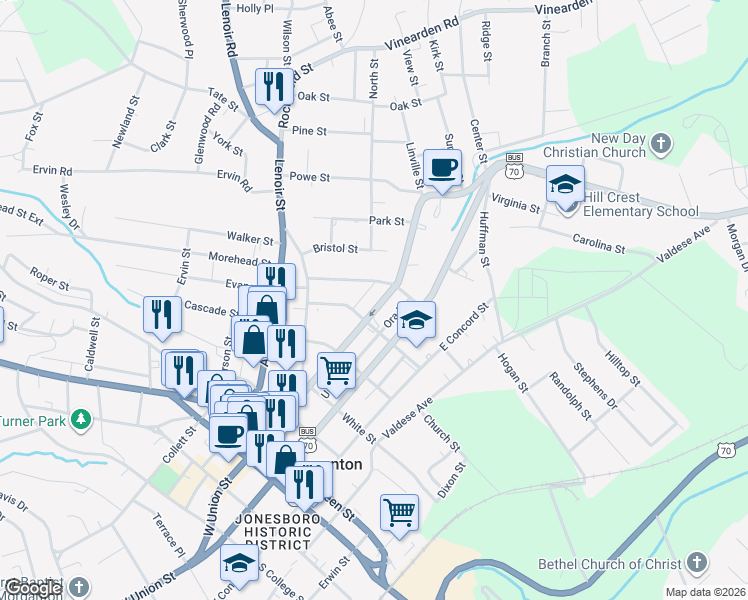 map of restaurants, bars, coffee shops, grocery stores, and more near 607 East Union Street in Morganton
