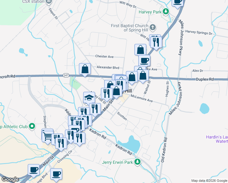 map of restaurants, bars, coffee shops, grocery stores, and more near 2532 Depot Street in Spring Hill