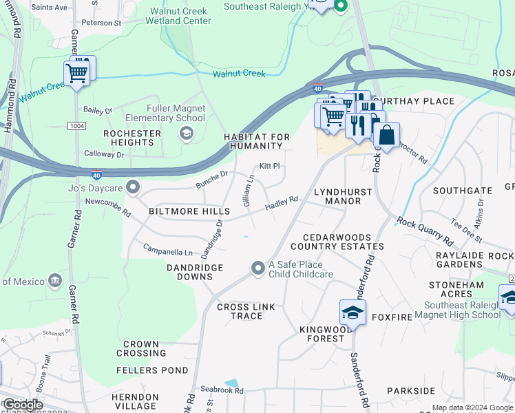 map of restaurants, bars, coffee shops, grocery stores, and more near 1012 Hadley Road in Raleigh