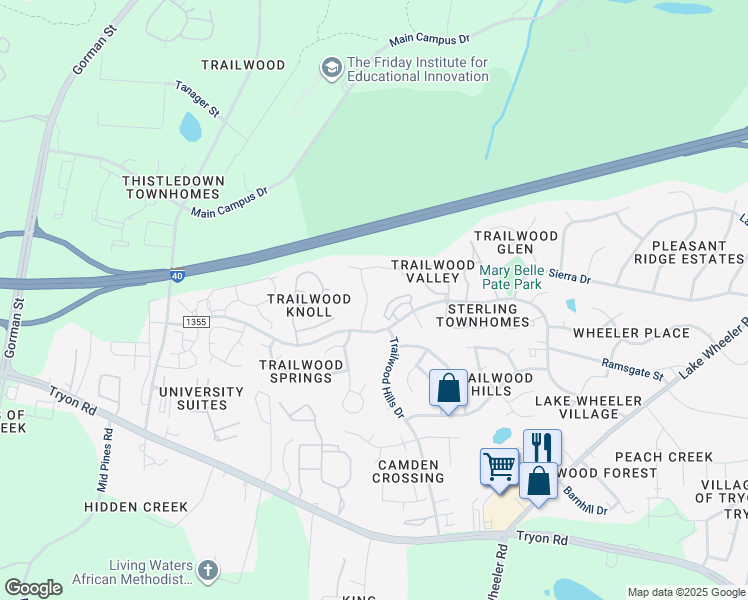 map of restaurants, bars, coffee shops, grocery stores, and more near 2836 Crestscene Trail in Raleigh