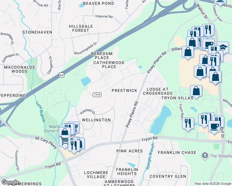 map of restaurants, bars, coffee shops, grocery stores, and more near 311 Hunters Crossing in Cary