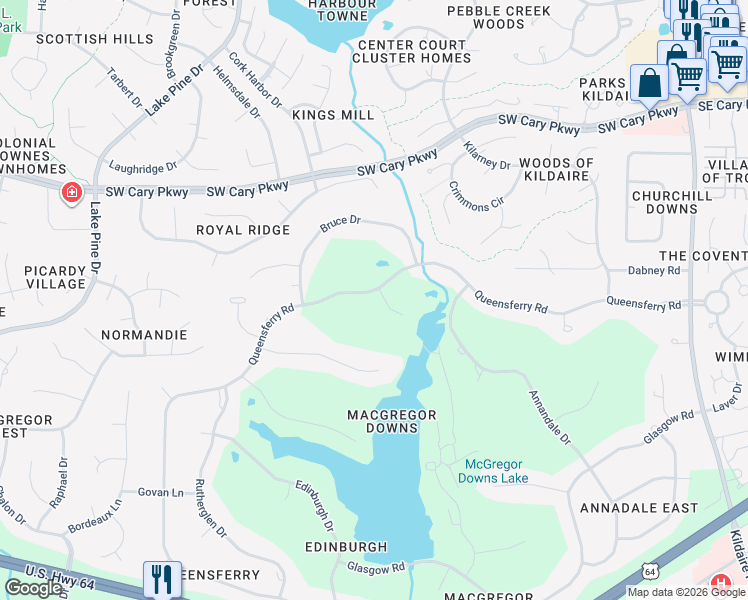 map of restaurants, bars, coffee shops, grocery stores, and more near 501 Queensferry Road in Cary