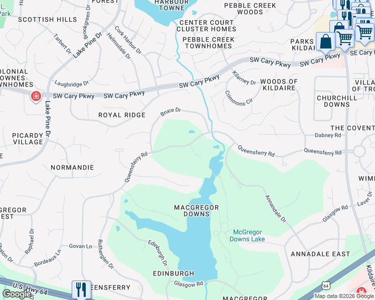 map of restaurants, bars, coffee shops, grocery stores, and more near 501 Queensferry Road in Cary