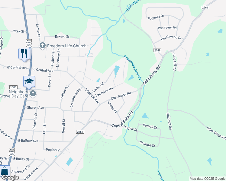 map of restaurants, bars, coffee shops, grocery stores, and more near 1954 Lakeview Road in Asheboro