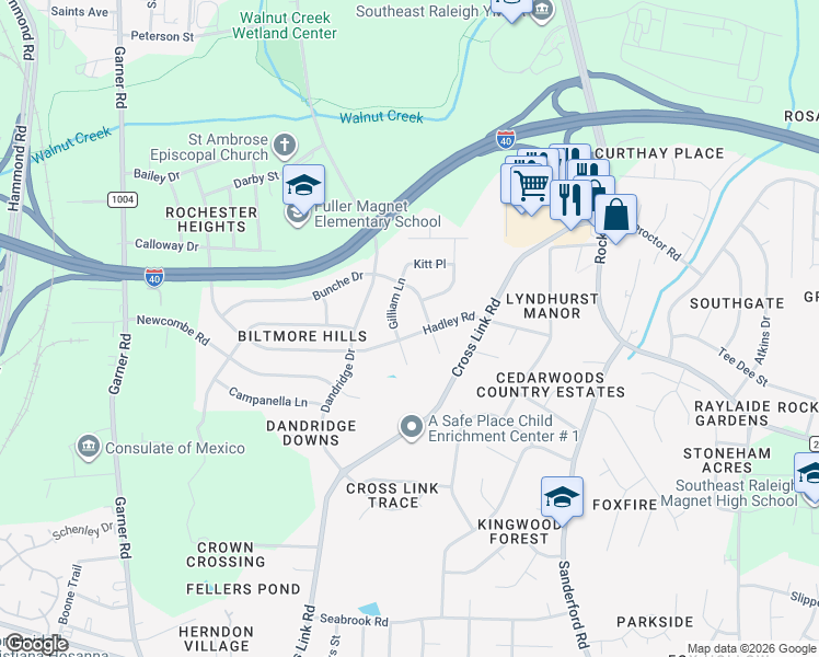 map of restaurants, bars, coffee shops, grocery stores, and more near 1012 Hadley Road in Raleigh
