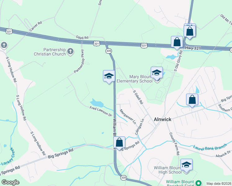 map of restaurants, bars, coffee shops, grocery stores, and more near 2365 Governors Court in Maryville