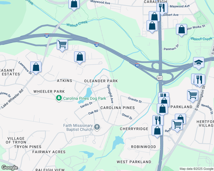 map of restaurants, bars, coffee shops, grocery stores, and more near 600 Oleander Rd in Raleigh