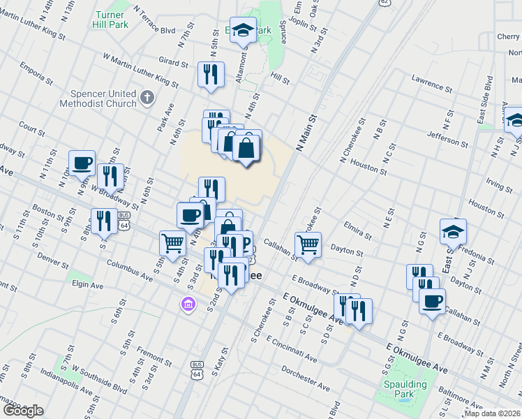 map of restaurants, bars, coffee shops, grocery stores, and more near 401 North Main Street in Muskogee