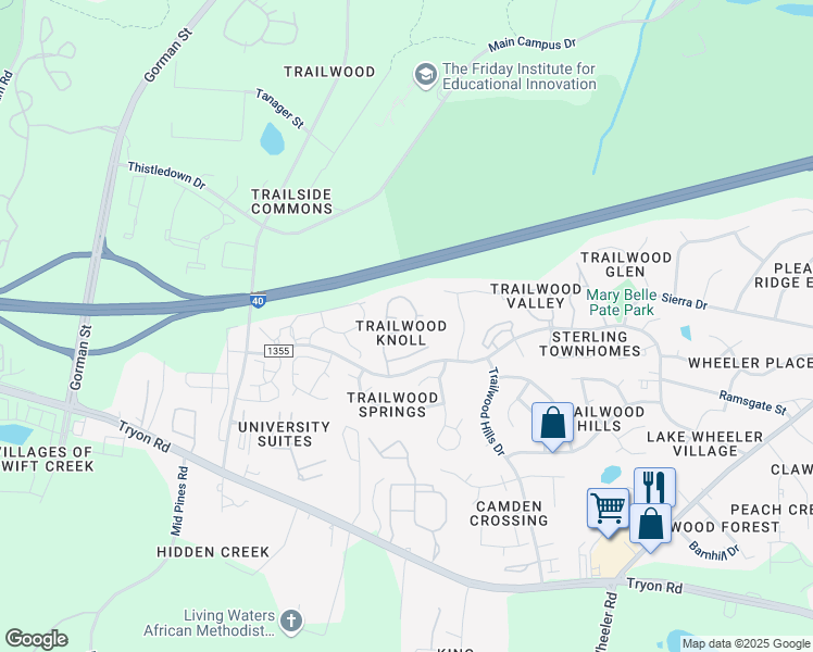 map of restaurants, bars, coffee shops, grocery stores, and more near 2016 Deep Forest Trail in Raleigh