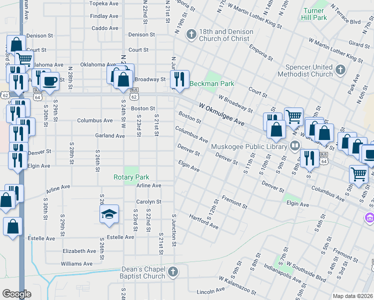 map of restaurants, bars, coffee shops, grocery stores, and more near 406 South 15th Street in Muskogee